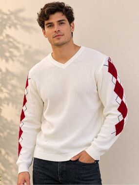 anchor blue White V-Neck Sweater with Red Argyle Sleeves